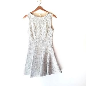 Alice + Olivia Lora Drop Waist Silver Metallic Pleated Dress XSMALL